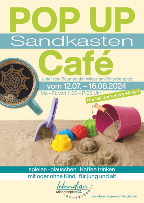 In der Zeit vom 12.07. bis 16.08.2024 öffnet der Café-Wagen und der Pop-up Sandkasten. Im natürlichen Schatten der Bäume lässt es sich gut spielen, plaudern und Kaffee trinken.